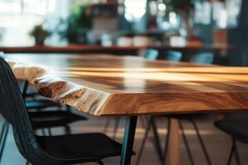 table and chairs in cafe ,Close-up shot of a wooden dining table in an elegant home, highlighting its natural beauty and unique texture, with a detailed focus on the wood grain patterns on one side.