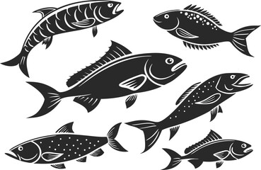 Minimalist Fish Silhouette Design Collection in Black. Colorful Cartoon Fish Illustration Set for Kids and Merch. Fishing Icon Set with Hooks Rods and Outdoor Gear. Seamless Fish Pattern Design