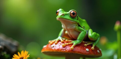 Naklejka premium Green frog sitting on a mushroom, mushroom, humor, funny green frog cartoon
