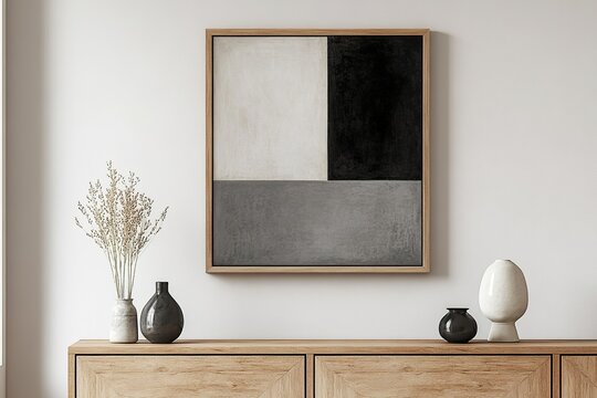 interior of a modern kitchen ,Minimalist, modern black-and-white brush stroke poster, framed and hung above an empty wooden sideboard adorned with vases and decorations.