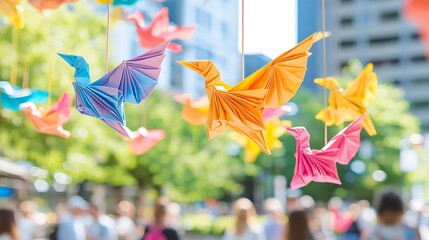 Colorful Origami Birds Suspended in City Setting