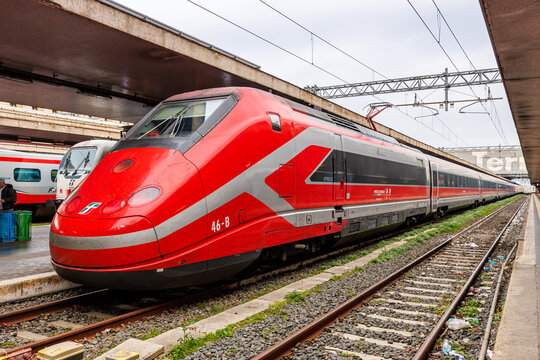 Frecciarossa high-speed train of Trenitalia at Roma Termini railway station in Rome, Italy