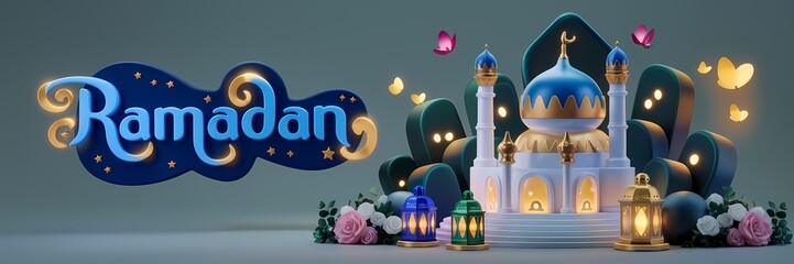 Ramadan Dark Fantasy 3D illustration Scene Featuring Glowing White Mosque with Blue Dome Golden Details Surrounded by Magical Lanterns Butterflies Roses Elegant Ramadan Text Luxurious Fantasy Setting