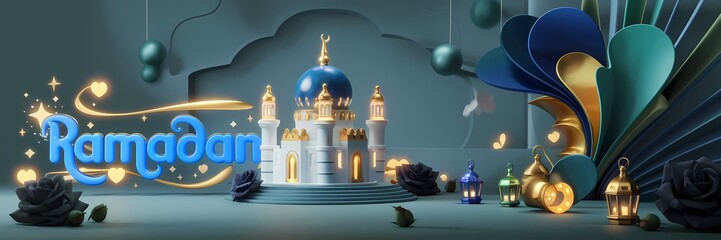 Ramadan Dark Fantasy 3D illustration Scene Featuring Glowing White Mosque with Blue Dome Golden Details Surrounded by Magical Lanterns Butterflies Roses Elegant Ramadan Text Luxurious Fantasy Setting