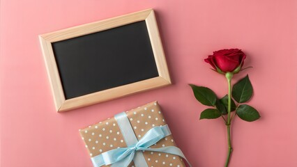 A sweet Mother's Day setup with a red rose, gift box, and a blank chalkboard for notes
