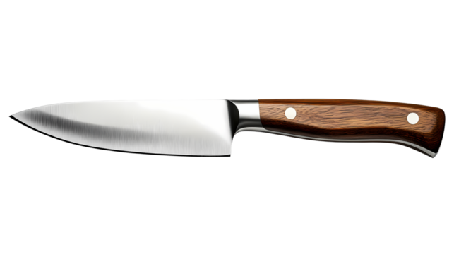 A sharp kitchen knife with a wooden handle, perfect for culinary tasks and meal preparation in the kitchen.