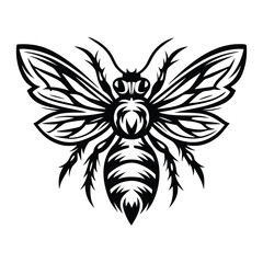 Isolated Monochrome Black and White of Bee Featuring Detailed Wing Design