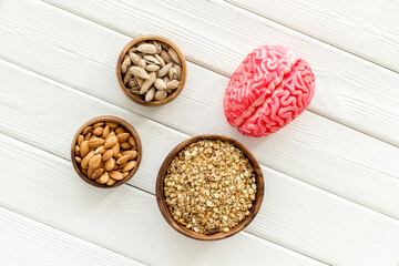Human brain model with nuts and grain, top view. Healthy food for the brain