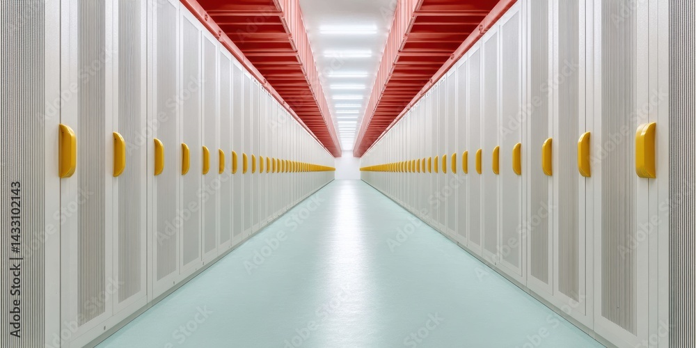 Poster Minimalist Data Center Infrastructure Symmetrical High-Tech Corridor Showcasing Cybersecurity Architecture with Geometric Color Precision and Industrial Elegance
