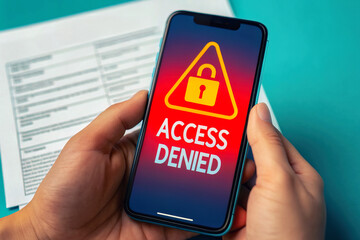 A person holds a smartphone displaying an "Access Denied" message with a padlock icon, indicating a security issue or restricted access.