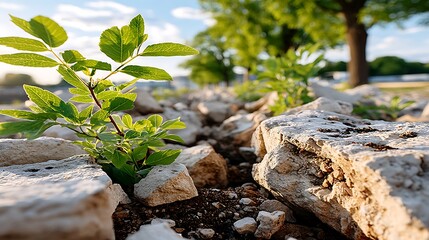 Obraz premium Resilient Plant Sprouting Through Cracked Rocks Nature s Perseverance