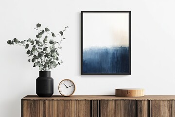 empty room with a window ,Minimalist style interior featuring a white wall with a wooden sideboard and a large square frame on the front displaying an analog clock. 