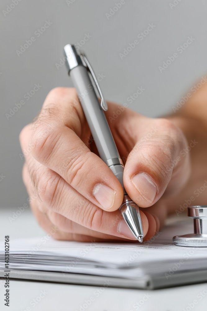Poster minimalist workspace precision gen z professional documenting with sleek metallic pen, capturing pro