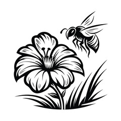 Black Silhouette of Flying Honeybee and Large Blooming Flower With Grass Design