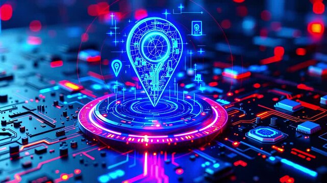 Futuristic digital cityscape with glowing location pin over circuit board, showcasing technology