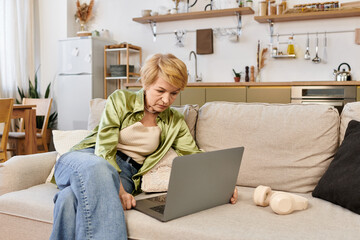 Exploring new horizons through technology in a cozy living room setting with a radiant senior woman