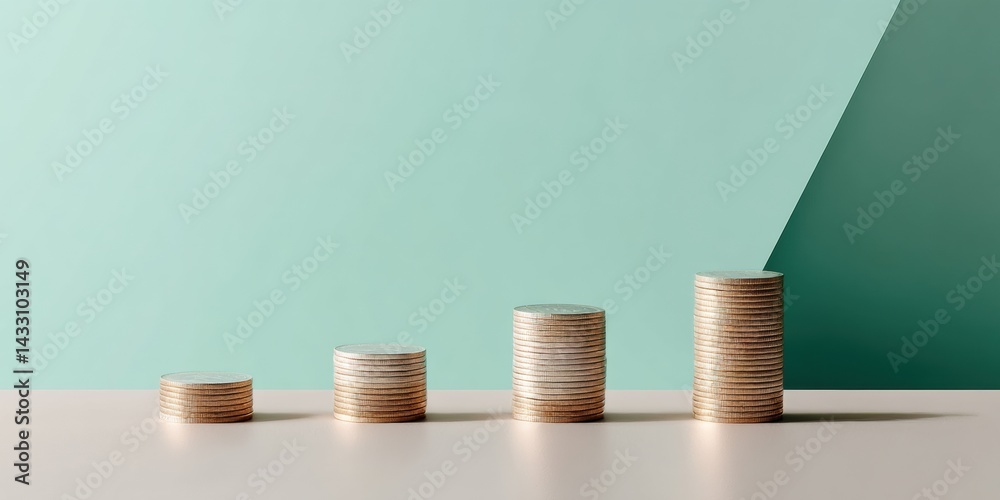 Poster minimalist financial growth visualization ascending coin stacks on mint green gradient backdrop - st