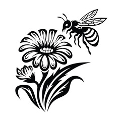 Black Silhouette of Honey Bee Flying Near Blooming Flower on White Background, Isolated