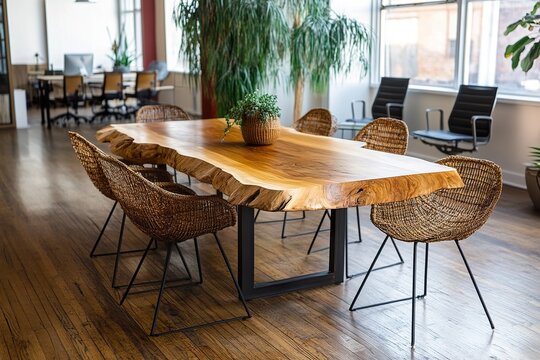 dining room table ,Close-up shot of a wooden dining table in an elegant home, highlighting its natural beauty and unique texture, with a detailed focus on the wood grain patterns on one side.