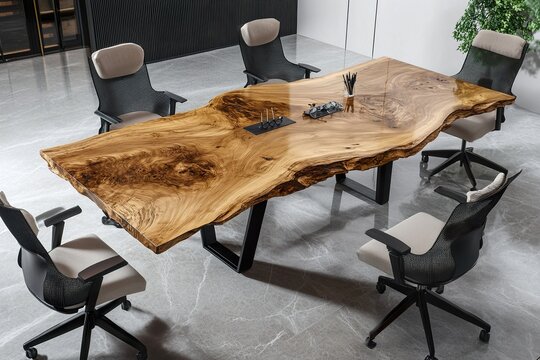 table and chairs in cafe ,Close-up shot of a wooden dining table in an elegant home, highlighting its natural beauty and unique texture, with a detailed focus on the wood grain patterns on one side.