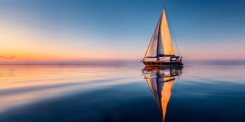 Serene sunset sail: solitary sailboat reflecting on calm waters