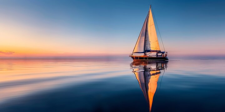Serene sunset sail: solitary sailboat reflecting on calm waters