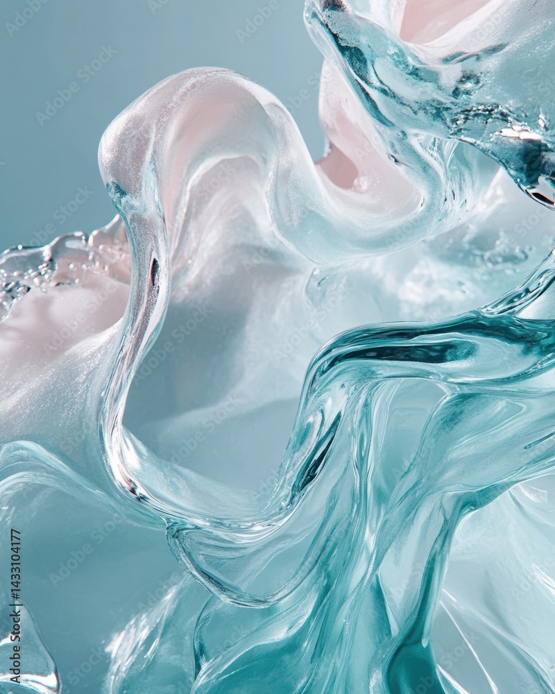 Poster fluid dynamics ethereal aqua liquid motion - contemporary digital art exploring translucent texture,