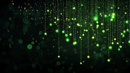 Abstract background with glowing green particles and lines cascading down a dark background, reminiscent of digital rain or sparkling lights.