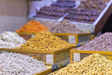 Moroccan Chickpeas on display at a stall in a market in Marrakech. Morocco. Horizontally.
