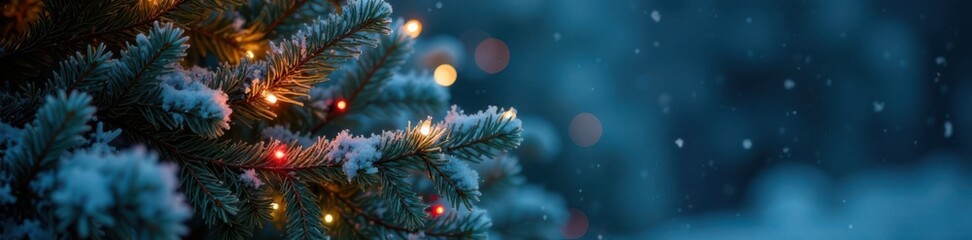 Frosty pine tree adorned with colorful Christmas lights tangled among branches, tangled lights, festive lighting, outdoor ambiance