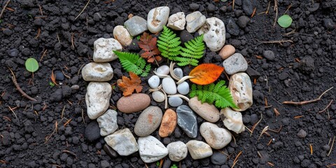 Nature mandala with rocks, ferns, and leaves on soil background