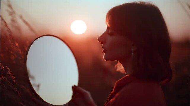 Woman holds mirror at sunset in nature field, creating dreamy silhouette effect - metaphor for self-reflection and inner beauty
