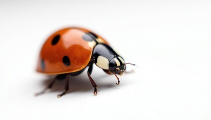 Close-up of a single ladybug on white background, simple, clean