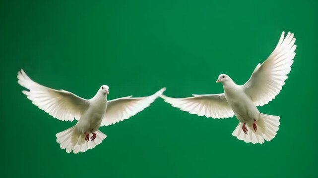 Angel wings with Two white doves in flight on a green screen background for concepts of peace, harmony, nature, or environmental conservation projects.
