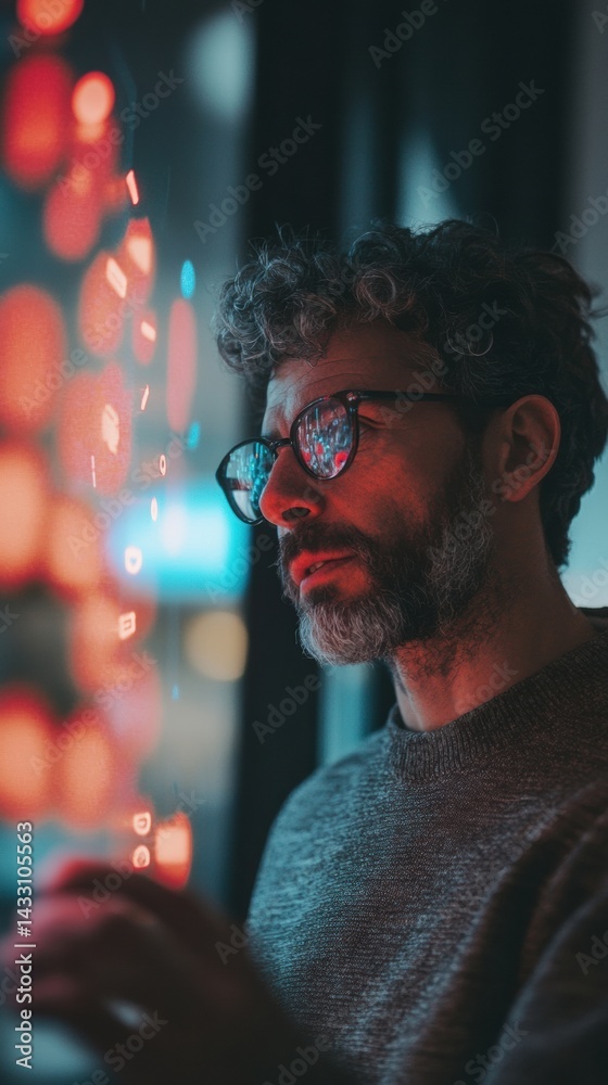 Poster Cyberpunk Professional Immersive Digital Insights with Neo-Futuristic Data Visualization - Gen X Tech Innovator Exploring Augmented Reality Interfaces in Urban Nightscape