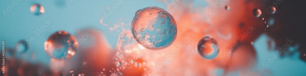 Poster fluid dynamics meets digital innovation macro liquid spheres in coral and teal - immersive scientifi