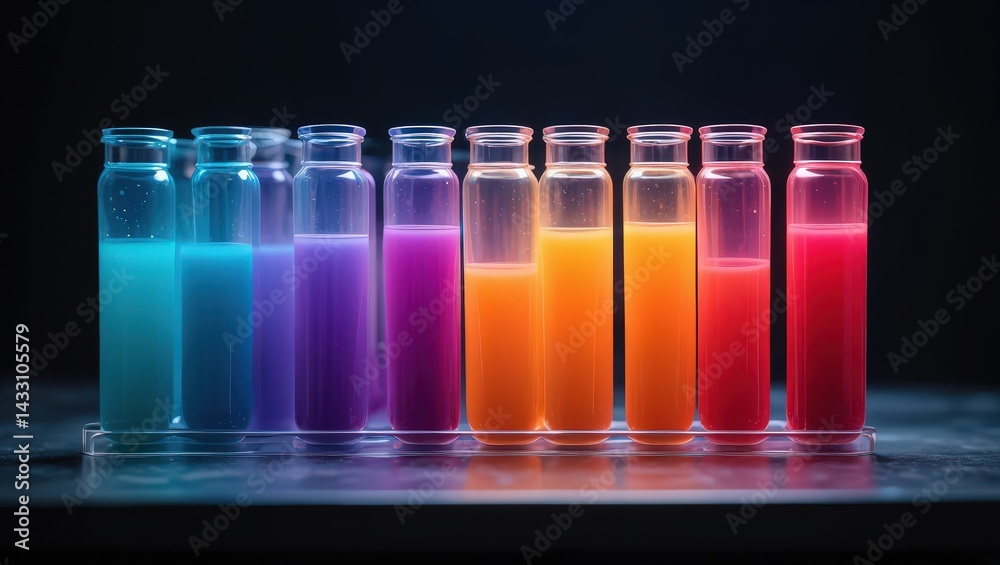 Aufkleber a row of colorful liquids in glass bottles against a dark background.