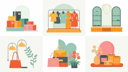 Stylish retail displays showcasing various fashion items.