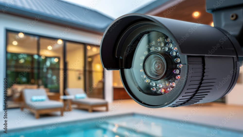 Aufkleber a security camera mounted on the outside of a house, capturing the scene in front of it.
