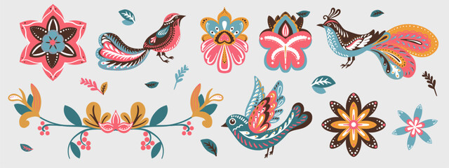 Bird set with Folk art ornament pattern. Bird and flower collection with folklore decorative symbols. Ethnic traditional folklore decoration poultry design. Vector illustration