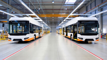 A row of buses parked in an industrial setting, with visible manufacturing equipment and machinery in the background.