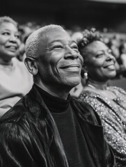 Naklejka premium Age-Defying Joy Vibrant Seniors Embracing Live Performance Culture - Intergenerational Entertainment Experience in Black and White Authenticity