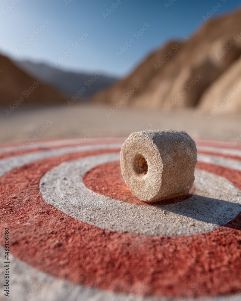 Poster Minimalist Target Precision Rustic Stone Element on Textured Bullseye - Industrial Design Meets Natural Aesthetics in Conceptual Spatial Composition