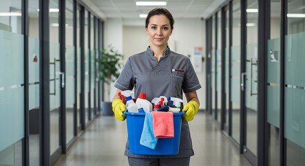 Professional cleaning service woman with equipment ready for cleaning in a modern office building