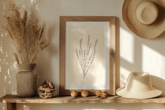 still life with hat and shoes,Simple wooden frame on a shelf with a lavender flower print inside, accompanied by a coffee mug and a wheat straw basket against a beige wall background. 