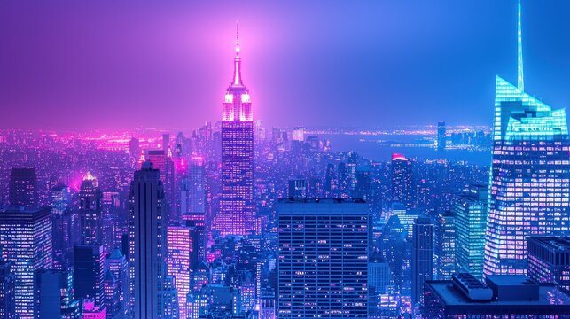 Neon Nightscape: A Dreamlike Vision of Manhattan Skyline