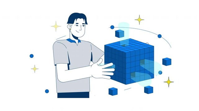 OLAP data cube analysis 2D animation. Digital analytical processing. Business intelligence. Analyst with modular database animated character cartoon flat concept metaphor 4K video isolated on white