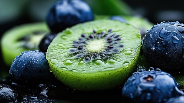 Close-up of fresh kiwi and blueberry slices.  Juicy, vibrant fruits, perfect for a healthy snack
