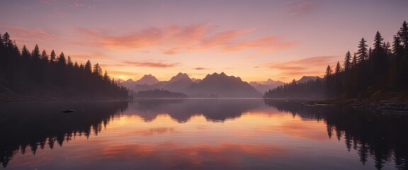 Fototapeta premium Mirror-like lake reflects a breathtaking sunset, still and peaceful , horizon, scene, dreamy