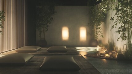 Serene Zen Garden: Cushioned Meditation Space with Warm Lighting
